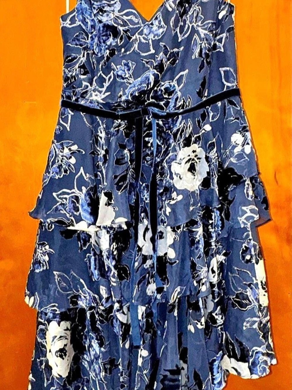 NWT Marchesa Notte Navy Floral Velvet Burnout Tiered Dress Size 12